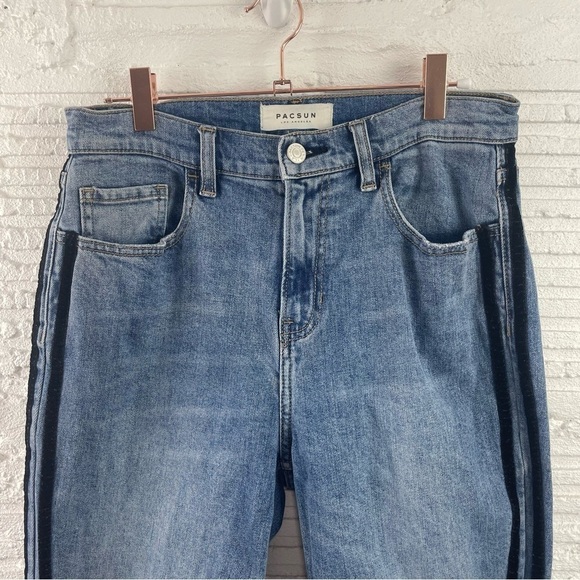 PACSUN Vintage Icon Jeans High Waist Raw Hem Black Velvet Racing Stripes Size 28 - Picture 3 of 16